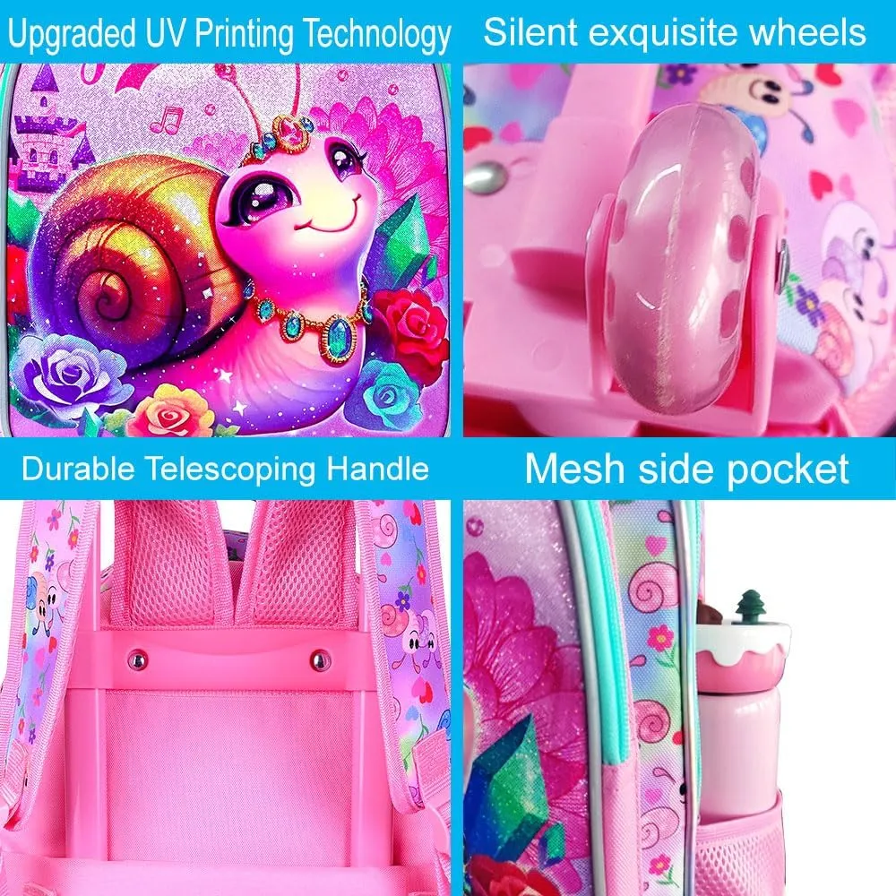 3Pcs Rolling Backpack for Girls, Snail Roller Bookbag with Lunch Box, Kids School Backpacks with Wheels for Elementary Preschool(Pink)