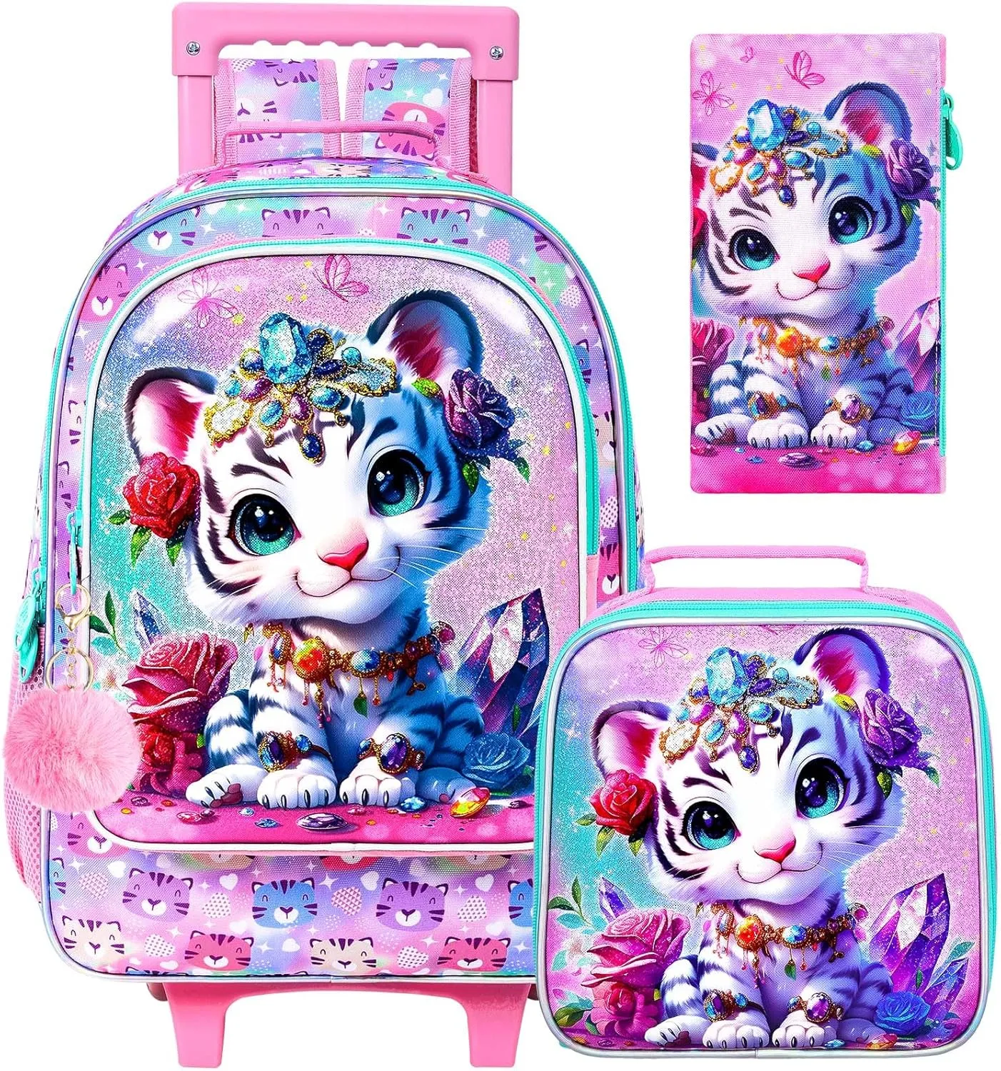 3Pcs Rolling Backpack for Girls, Tiger Kids School Backpacks with Wheels, Roller Bookbag with Lunch Box for Elementary Preschool(White)