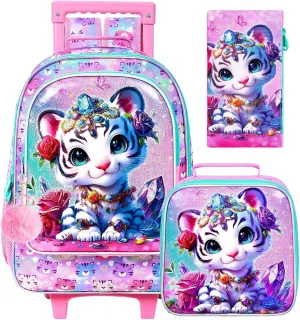 3Pcs Rolling Backpack for Girls, Tiger Kids School Backpacks with Wheels, Roller Bookbag with Lunch Box for Elementary Preschool(White)