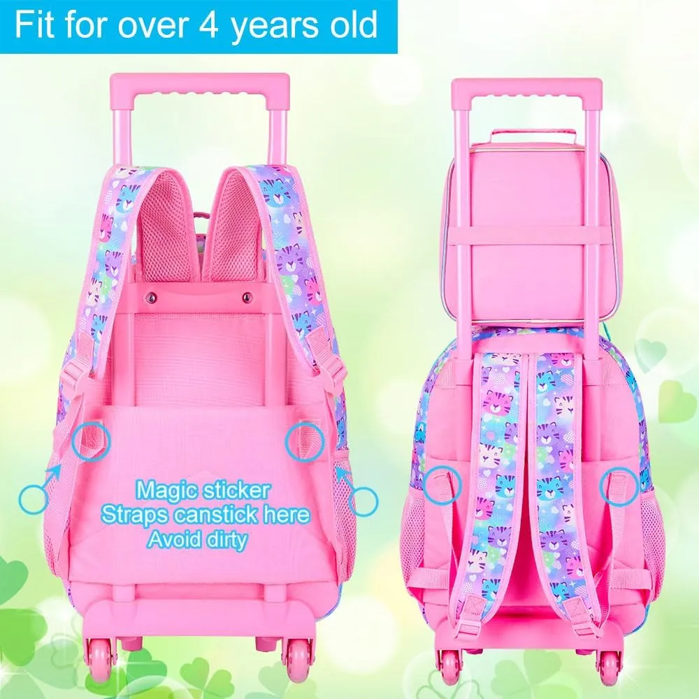 3Pcs Rolling Backpack for Girls, Tiger Kids School Backpacks with Wheels, Roller Bookbag with Lunch Box for Elementary Preschool(White)