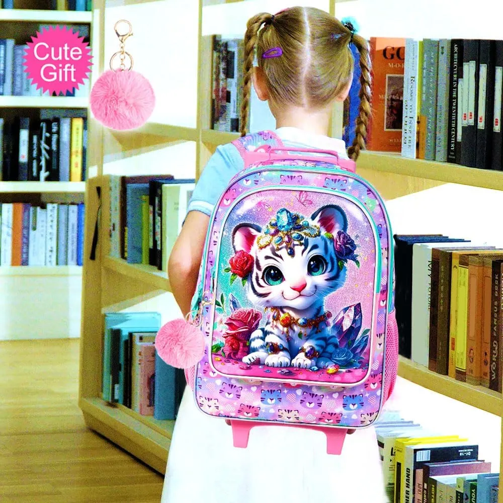 3Pcs Rolling Backpack for Girls, Tiger Kids School Backpacks with Wheels, Roller Bookbag with Lunch Box for Elementary Preschool(White)