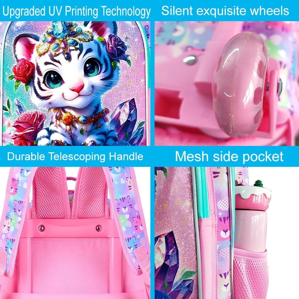 3Pcs Rolling Backpack for Girls, Tiger Kids School Backpacks with Wheels, Roller Bookbag with Lunch Box for Elementary Preschool(White)