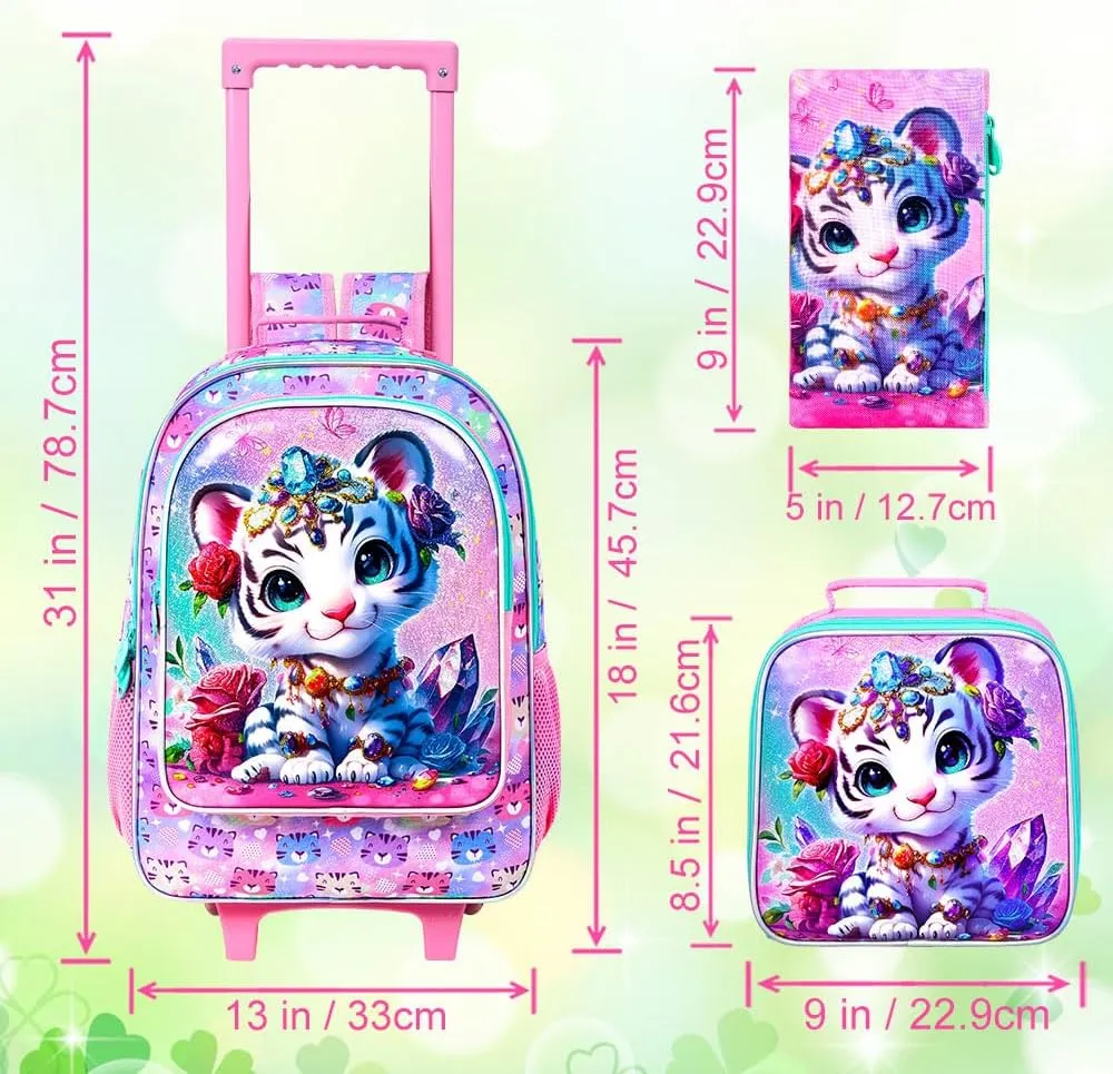 3Pcs Rolling Backpack for Girls, Tiger Kids School Backpacks with Wheels, Roller Bookbag with Lunch Box for Elementary Preschool(White)