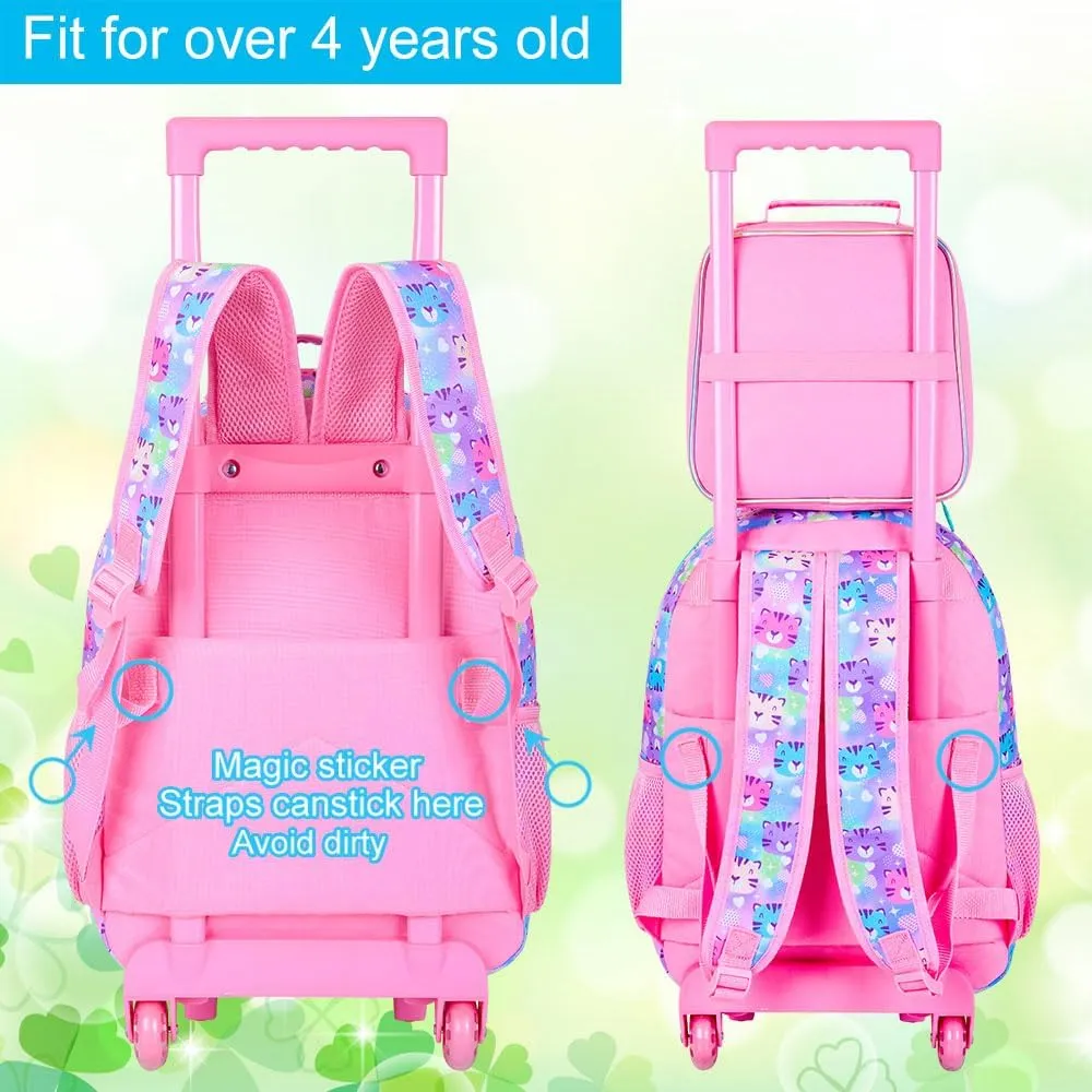3Pcs Rolling Backpack for Girls, Tiger Roller Bookbag with Lunch Box, Kids School Backpacks with Wheels for Elementary Preschool(Yellow)