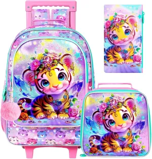 3Pcs Rolling Backpack for Girls, Tiger Roller Bookbag with Lunch Box, Kids School Backpacks with Wheels for Elementary Preschool(Yellow)