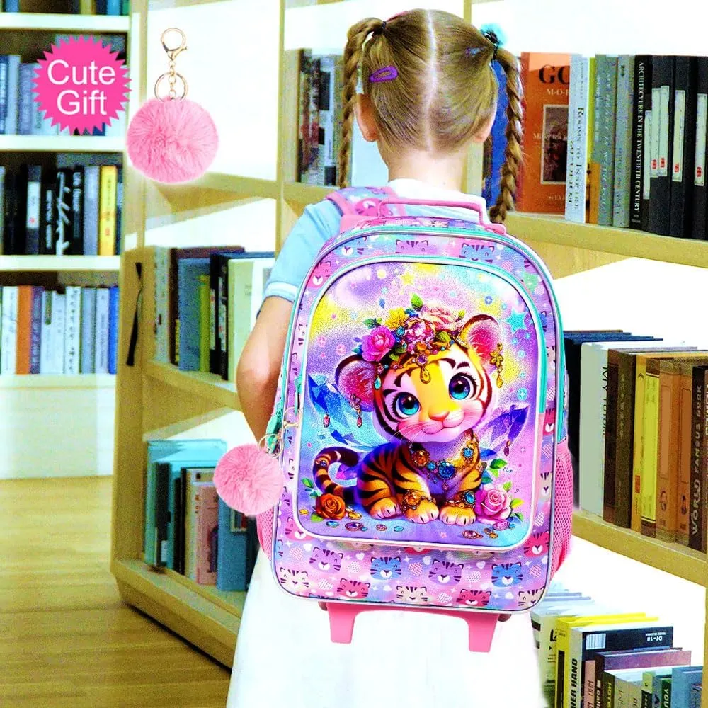 3Pcs Rolling Backpack for Girls, Tiger Roller Bookbag with Lunch Box, Kids School Backpacks with Wheels for Elementary Preschool(Yellow)