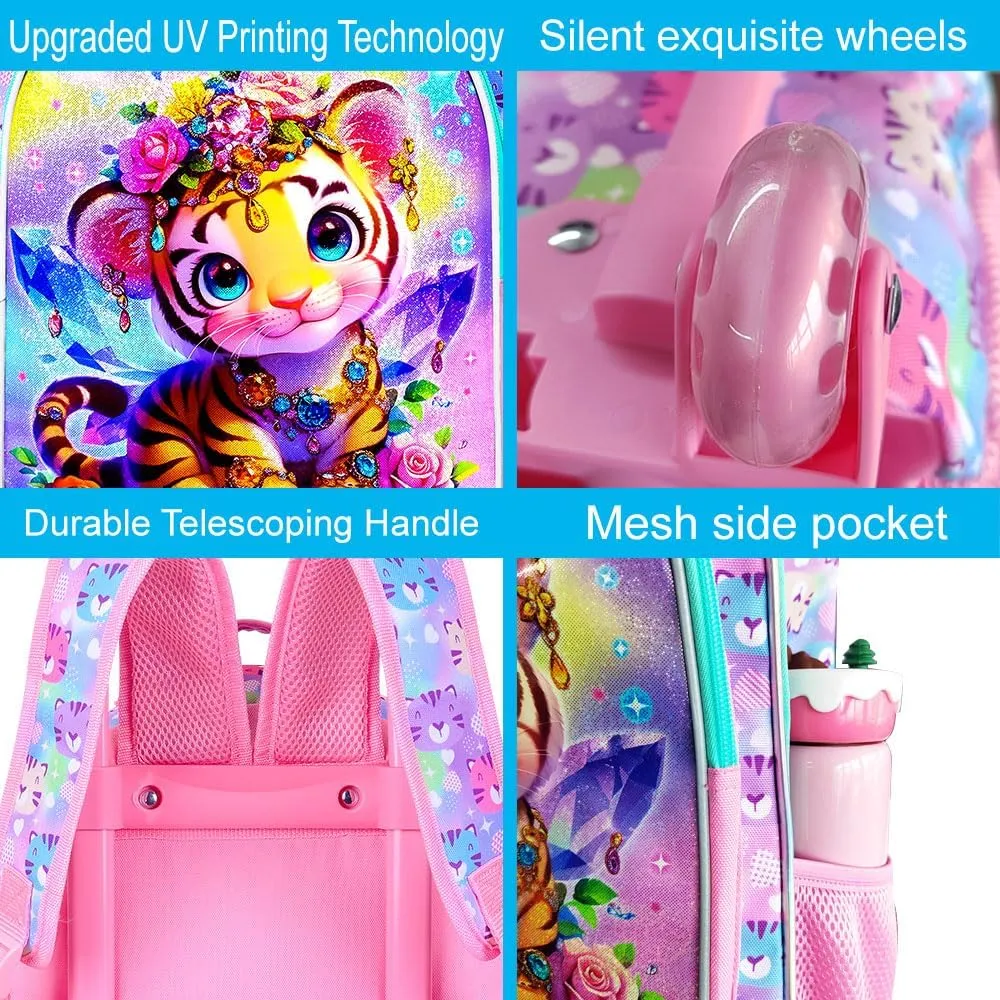 3Pcs Rolling Backpack for Girls, Tiger Roller Bookbag with Lunch Box, Kids School Backpacks with Wheels for Elementary Preschool(Yellow)