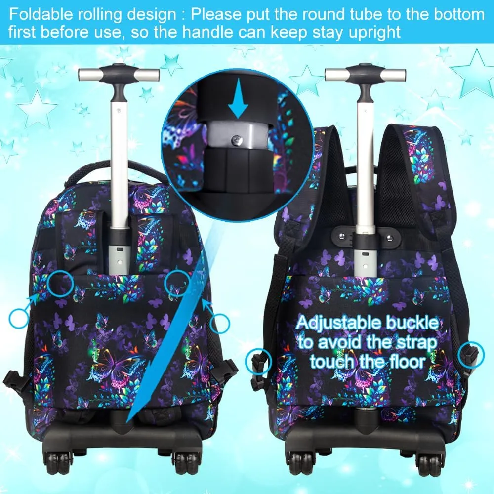 3PCS Rolling Backpack for Girls, Womens Butterfly School Backpacks with Wheels, Water Resistant Roller Kids Wheeled Bookbag Set with Lunch Box