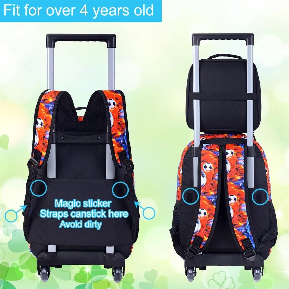 3Pcs Soccer Rolling Backpack for Boys, Kids School Backpacks with Wheels, Roller Bookbag with Lunch Box for Elementary Preschool(Ice and Fire)