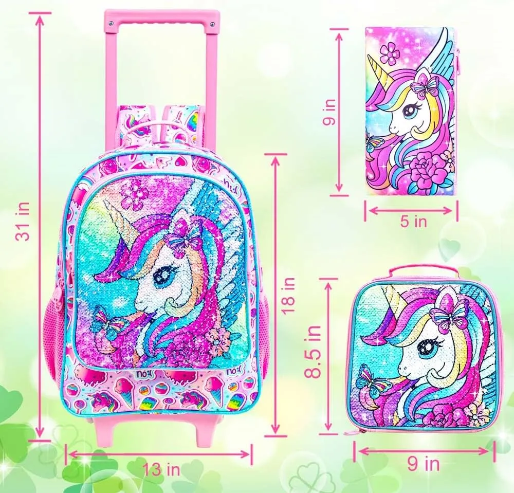 3Pcs Unicorn Rolling Backpack for Girls, Kids School Backpacks with Wheels, Roller Bookbag with Lunch Box for Elementary Preschool(Pink)