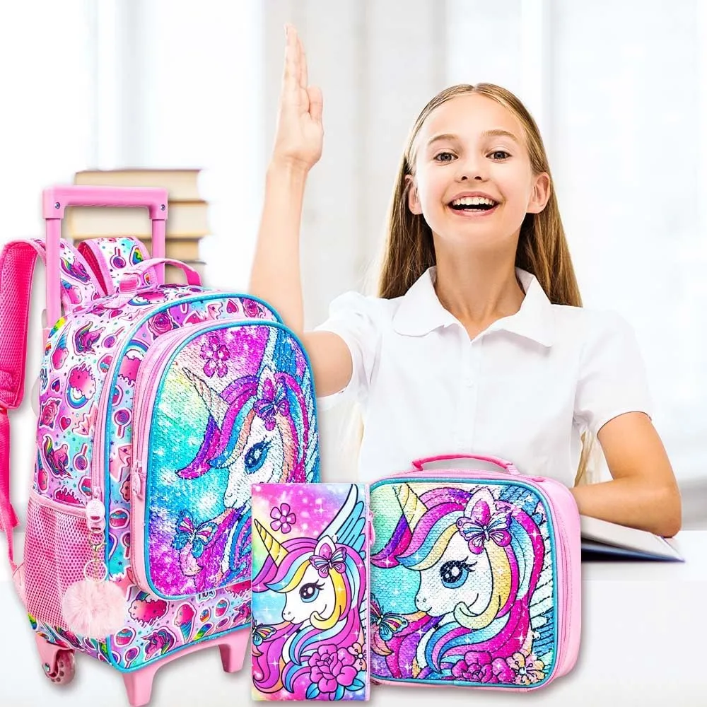 3Pcs Unicorn Rolling Backpack for Girls, Kids School Backpacks with Wheels, Roller Bookbag with Lunch Box for Elementary Preschool(Pink)