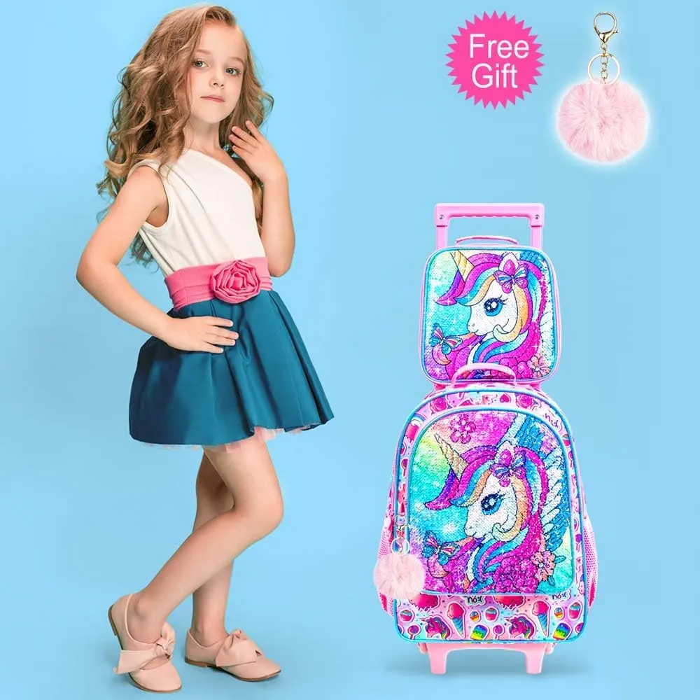 3Pcs Unicorn Rolling Backpack for Girls, Kids School Backpacks with Wheels, Roller Bookbag with Lunch Box for Elementary Preschool(Pink)