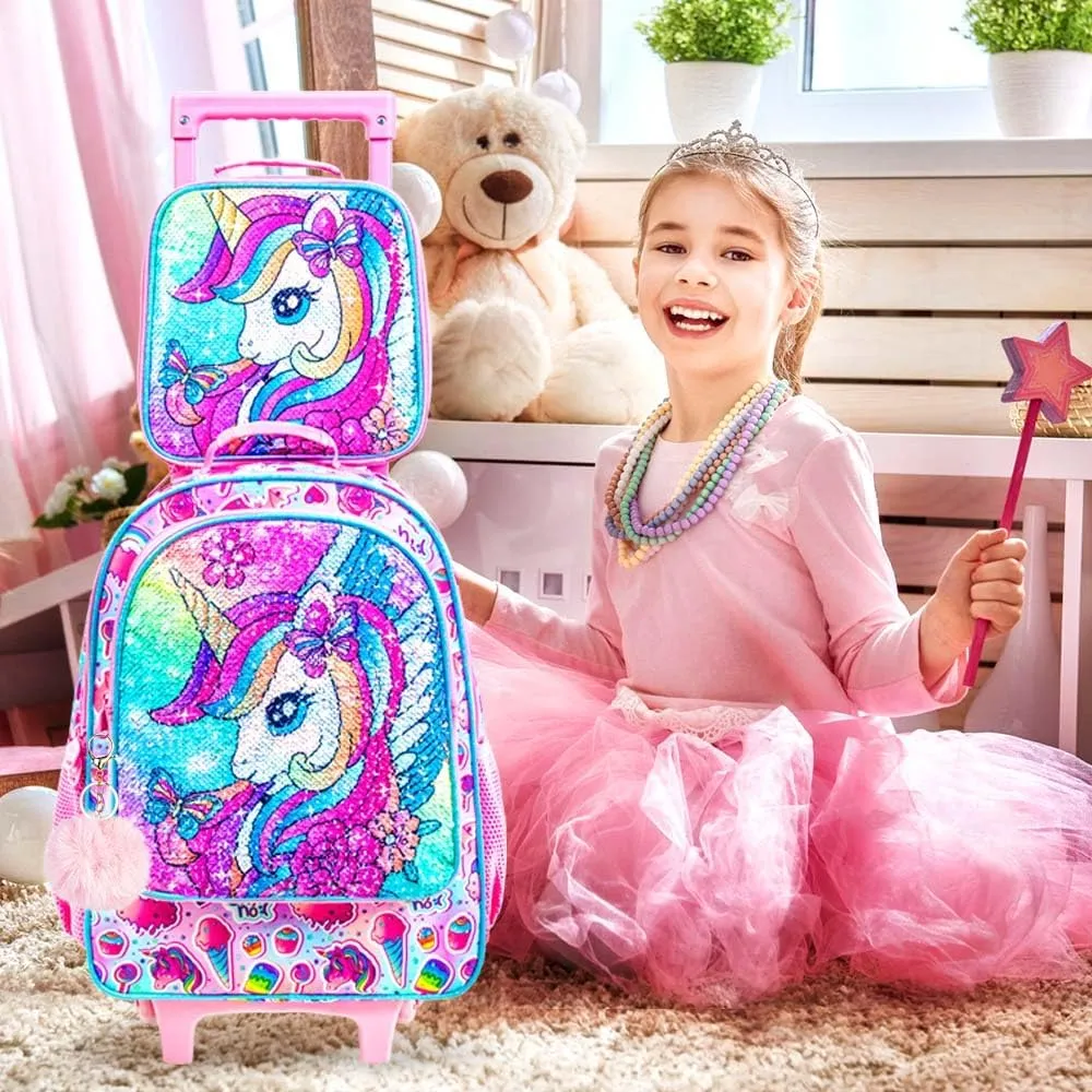 3Pcs Unicorn Rolling Backpack for Girls, Kids School Backpacks with Wheels, Roller Bookbag with Lunch Box for Elementary Preschool(Pink)