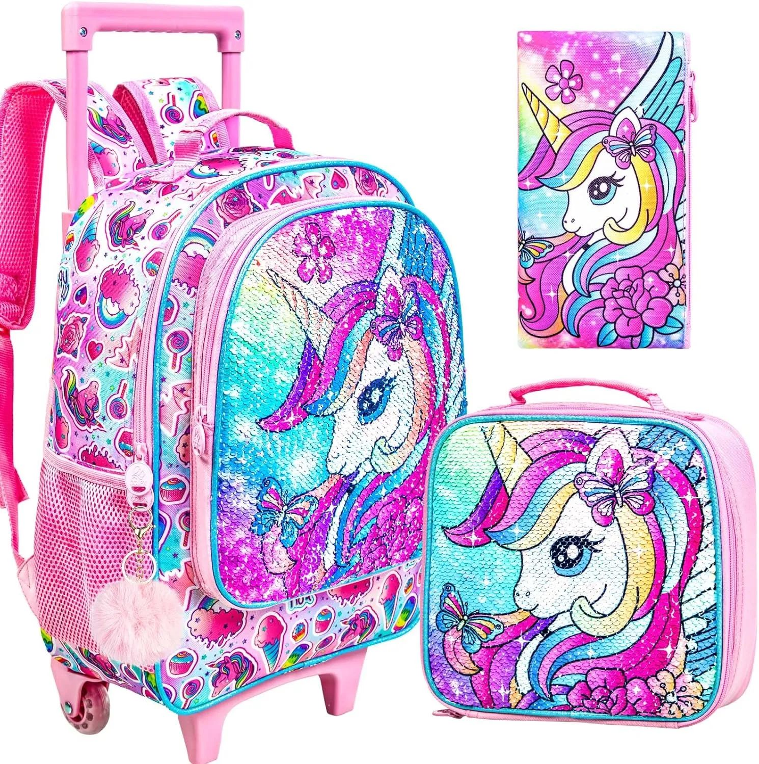 3Pcs Unicorn Rolling Backpack for Girls, Kids School Backpacks with Wheels, Roller Bookbag with Lunch Box for Elementary Preschool(Pink)