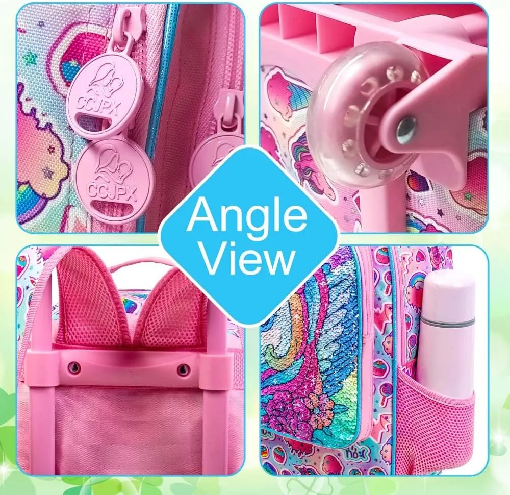 3Pcs Unicorn Rolling Backpack for Girls, Kids School Backpacks with Wheels, Roller Bookbag with Lunch Box for Elementary Preschool(Pink)