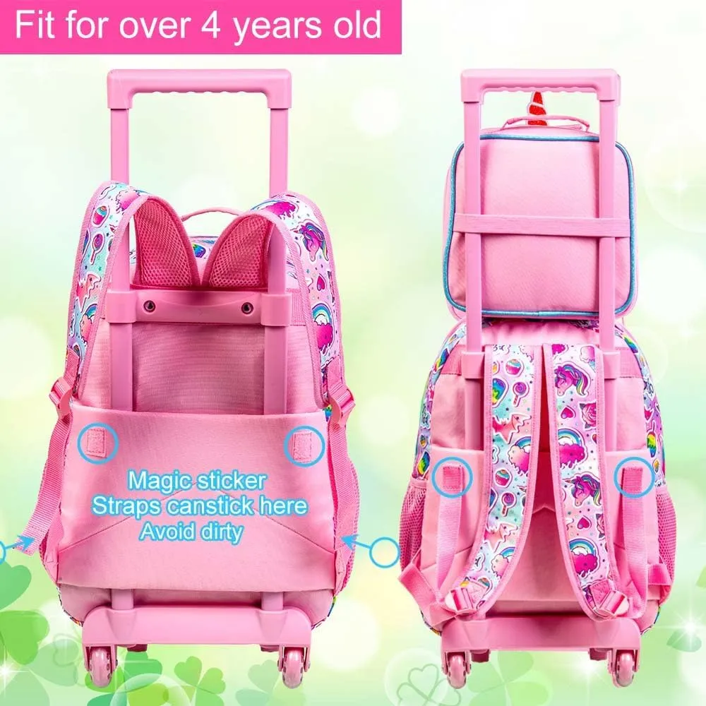 3Pcs Unicorn Rolling Backpack for Girls, Kids School Backpacks with Wheels, Roller Bookbag with Lunch Box for Elementary Preschool(Pink)
