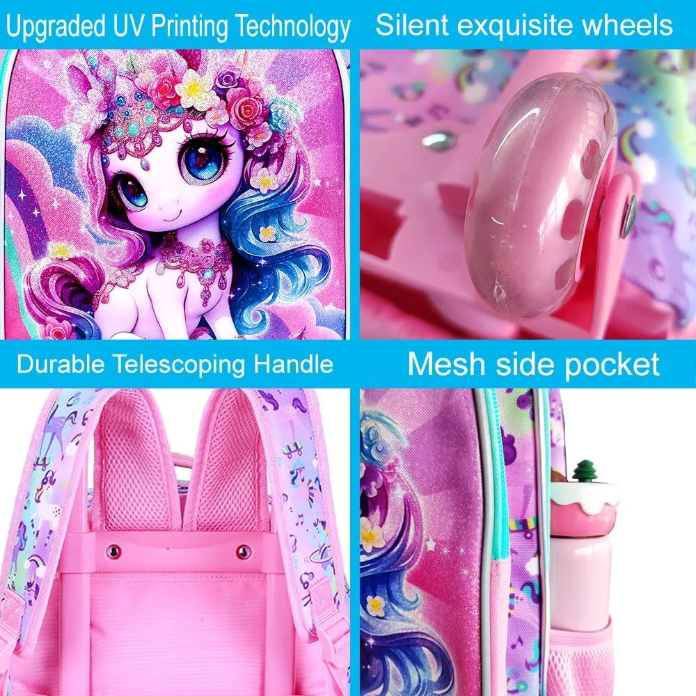 3Pcs Unicorn Rolling Backpack for Girls, Roller Bookbag with Lunch Box, Kids School Backpacks with Wheels for Elementary Preschool(Pink)