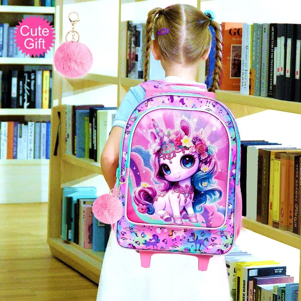 3Pcs Unicorn Rolling Backpack for Girls, Roller Bookbag with Lunch Box, Kids School Backpacks with Wheels for Elementary Preschool(Pink)