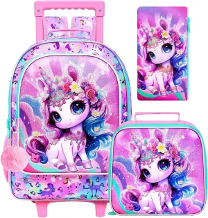 3Pcs Unicorn Rolling Backpack for Girls, Roller Bookbag with Lunch Box, Kids School Backpacks with Wheels for Elementary Preschool(Pink)