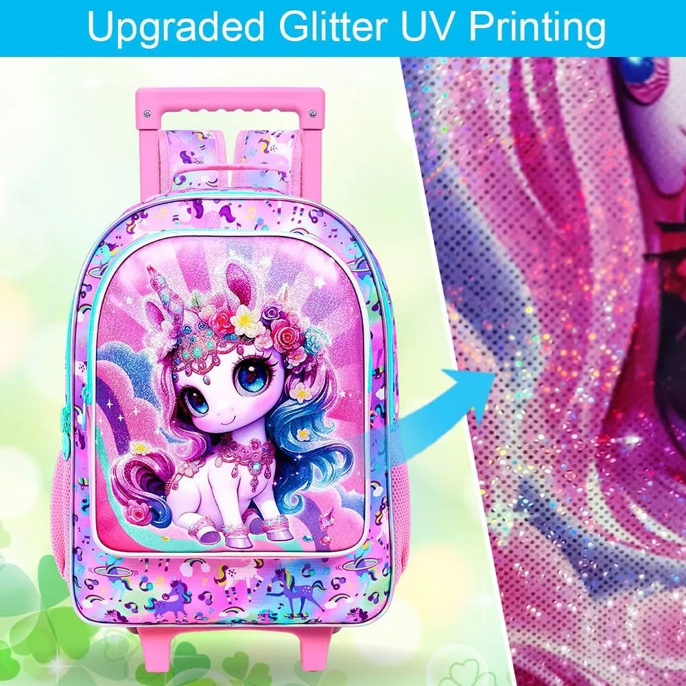 3Pcs Unicorn Rolling Backpack for Girls, Roller Bookbag with Lunch Box, Kids School Backpacks with Wheels for Elementary Preschool(Pink)