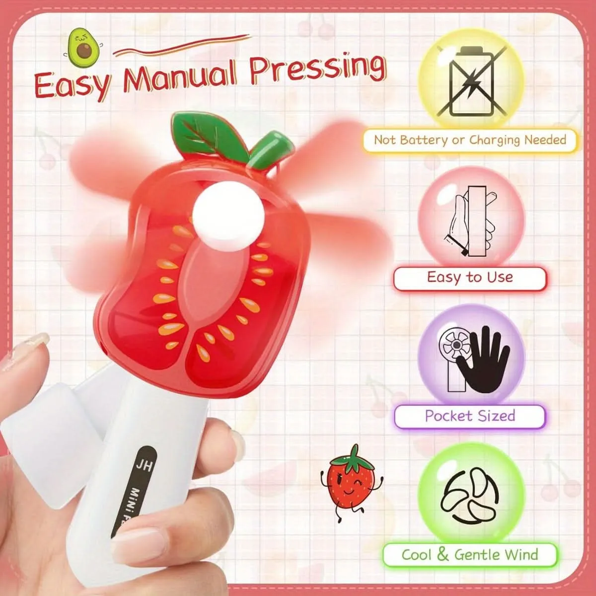 4-Pack Mini Manual Cartoon Fruit Fans – Battery-Free Portable Handheld Coolers