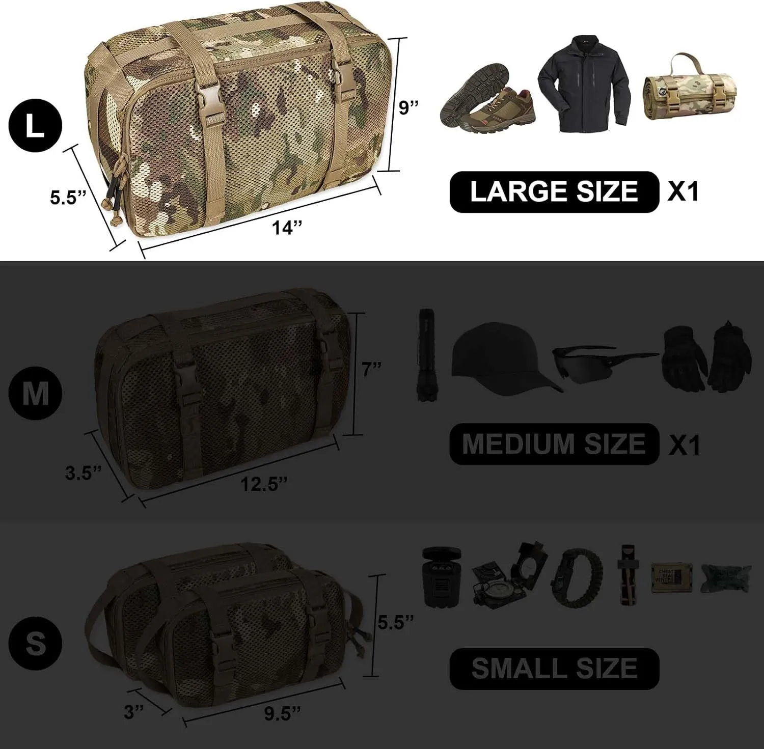 4 Set Tactical Packing Cubes ，Compressible Mesh Duffle Storage Bag,Portable Edc Molle Pouch Organizer.