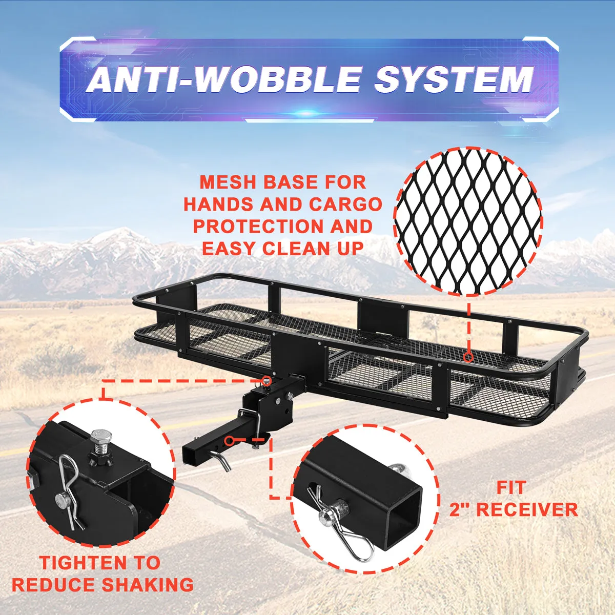 500 LB Foldable Cargo Carrier, Hitch Luggage Basket with Hitch Tightener, Fits 2 Inch Receiver