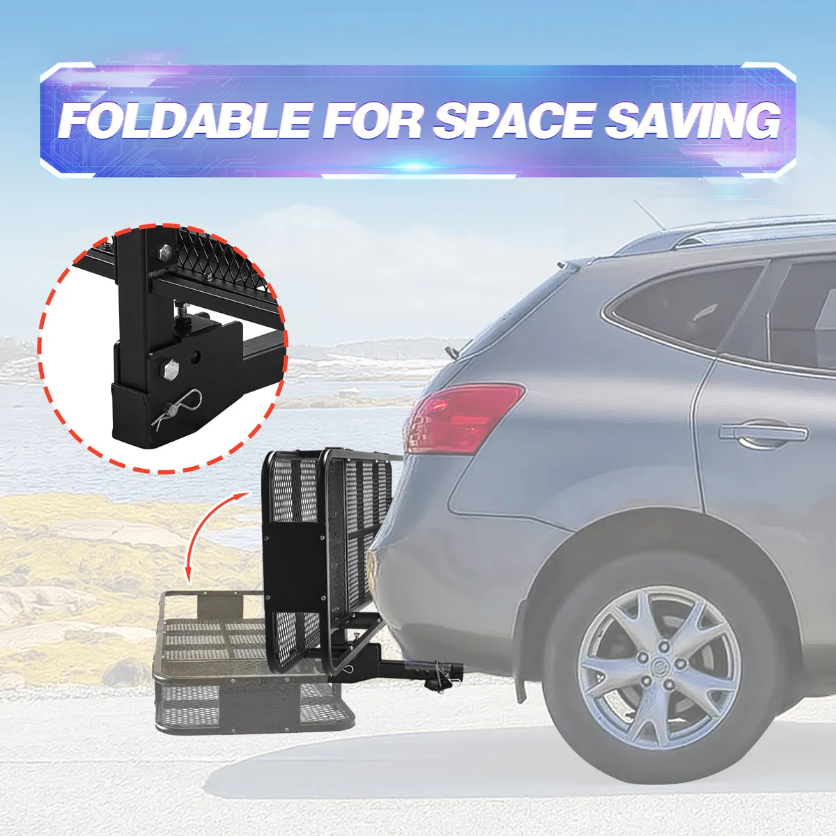 500 LB Foldable Cargo Carrier, Hitch Luggage Basket with Hitch Tightener, Fits 2 Inch Receiver
