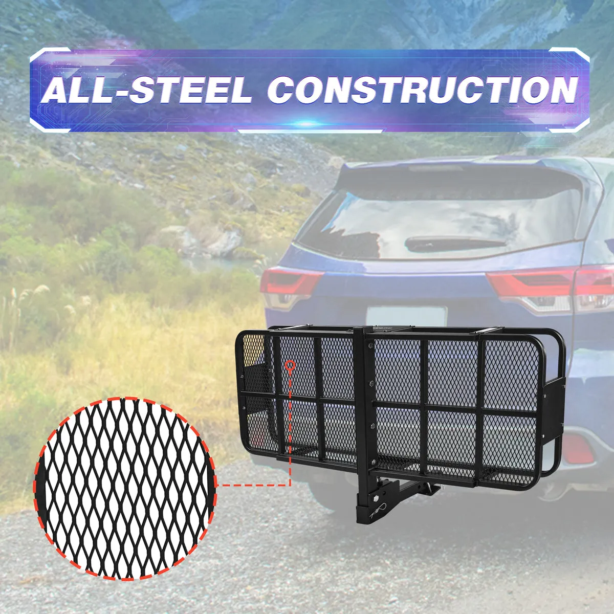 500 LB Foldable Cargo Carrier, Hitch Luggage Basket with Hitch Tightener, Fits 2 Inch Receiver
