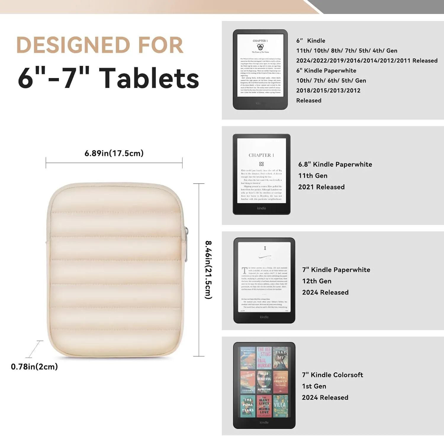 6-7 Inch Puffy Sleeve Case for 7" Kindle Paperwhite 12th Gen/Colorsoft 2024, 6.8" Kindle Paperwhite 11th Gen, 6" Kindle 11th Gen 2024/2022, Oasis, Protective Pouch Bag, Beige