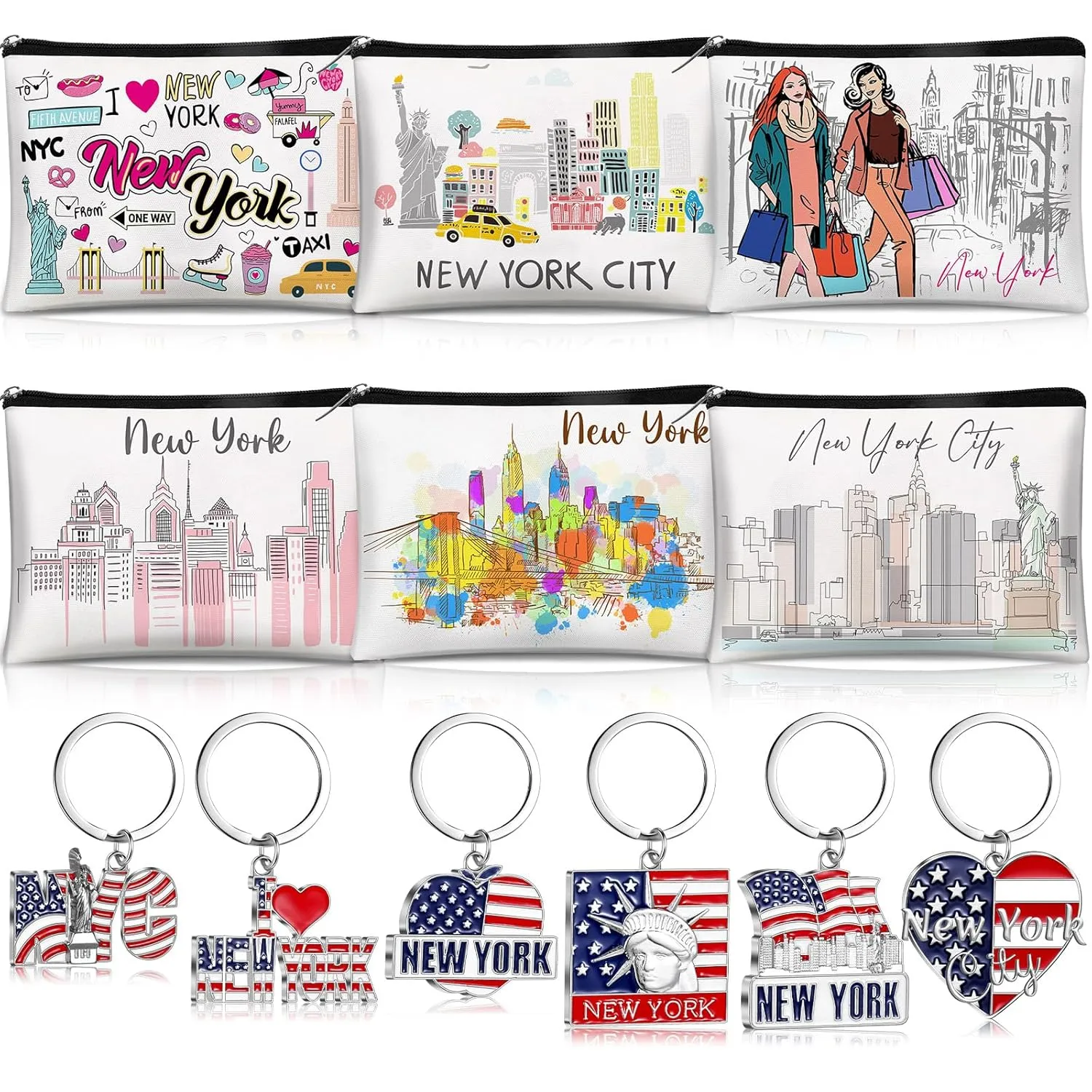 6 Sets New York Souvenir Gifts Include 6 Pcs New York Cosmetic Bag and 6 Pcs Metal Keychain Map Shaped Souvenirs for Women Traveler Gifts