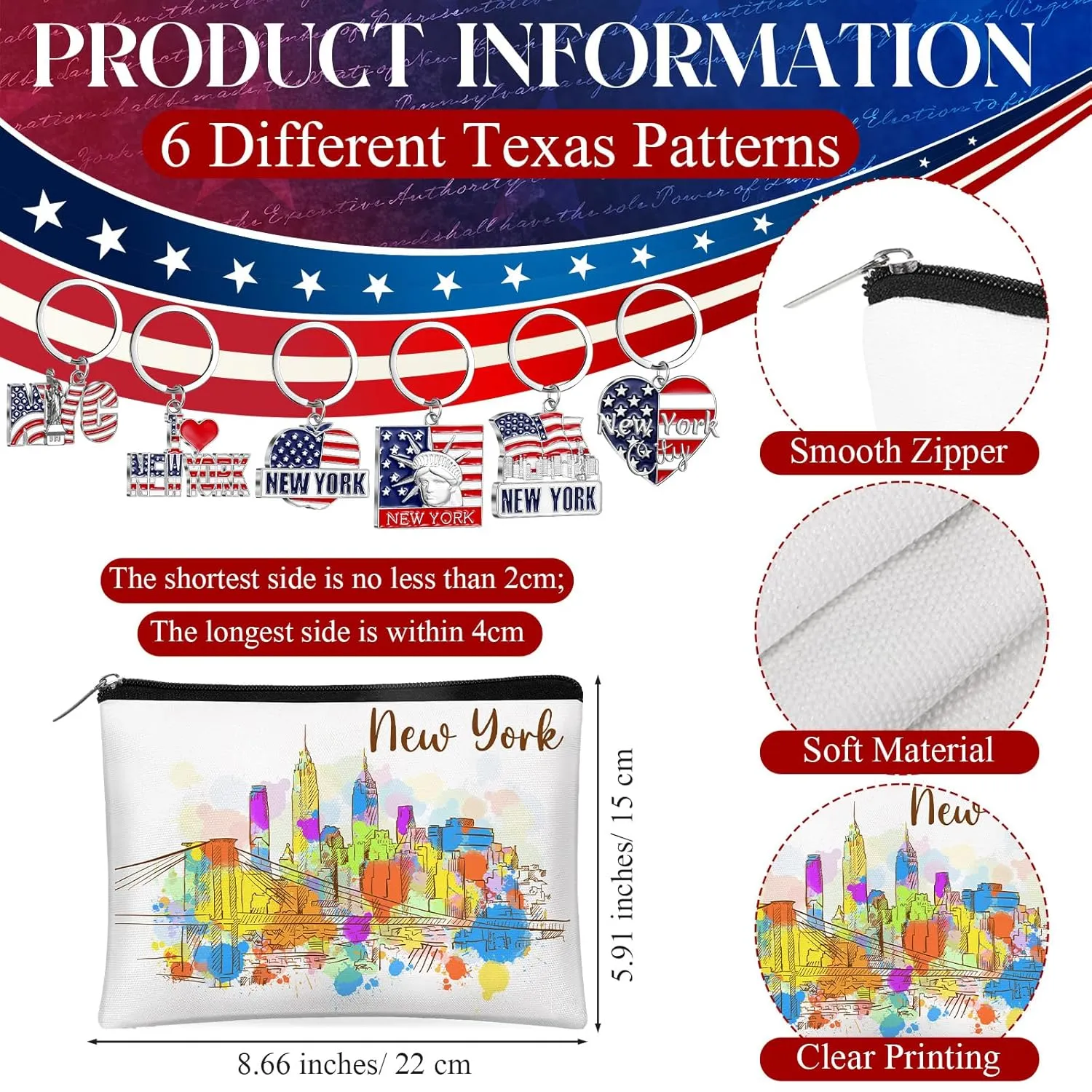 6 Sets New York Souvenir Gifts Include 6 Pcs New York Cosmetic Bag and 6 Pcs Metal Keychain Map Shaped Souvenirs for Women Traveler Gifts