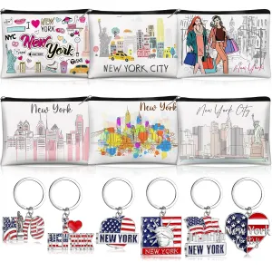 6 Sets New York Souvenir Gifts Include 6 Pcs New York Cosmetic Bag and 6 Pcs Metal Keychain Map Shaped Souvenirs for Women Traveler Gifts