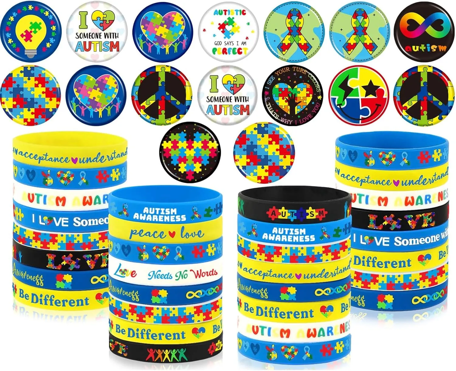 64PCS Autism Awareness Party Favor Accessories 32pcs Autism Awareness Button Badges Pins and 32pcs Silicone Bracelets for Party Motivational Goodie Bag Fillers