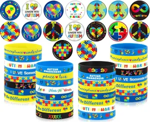 64PCS Autism Awareness Party Favor Accessories 32pcs Autism Awareness Button Badges Pins and 32pcs Silicone Bracelets for Party Motivational Goodie Bag Fillers