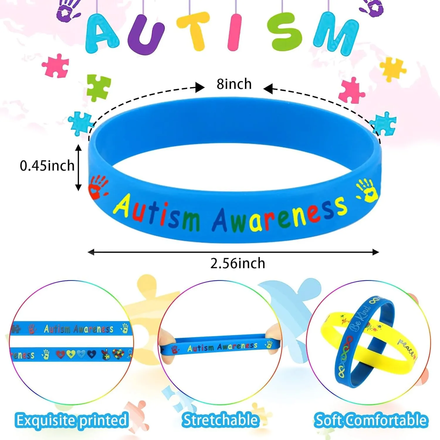 64PCS Autism Awareness Party Favor Accessories 32pcs Autism Awareness Button Badges Pins and 32pcs Silicone Bracelets for Party Motivational Goodie Bag Fillers