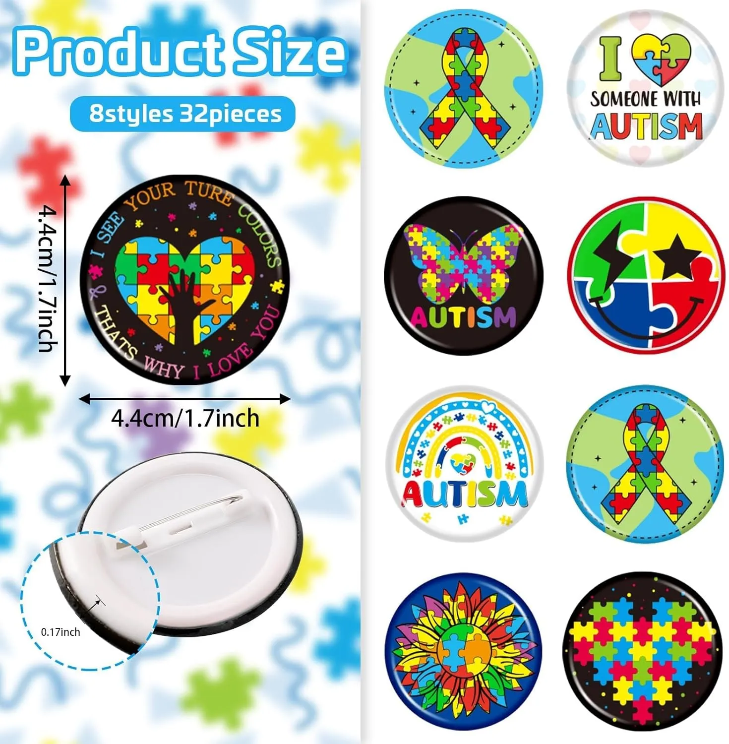 64PCS Autism Awareness Party Favor Accessories 32pcs Autism Awareness Button Badges Pins and 32pcs Silicone Bracelets for Party Motivational Goodie Bag Fillers