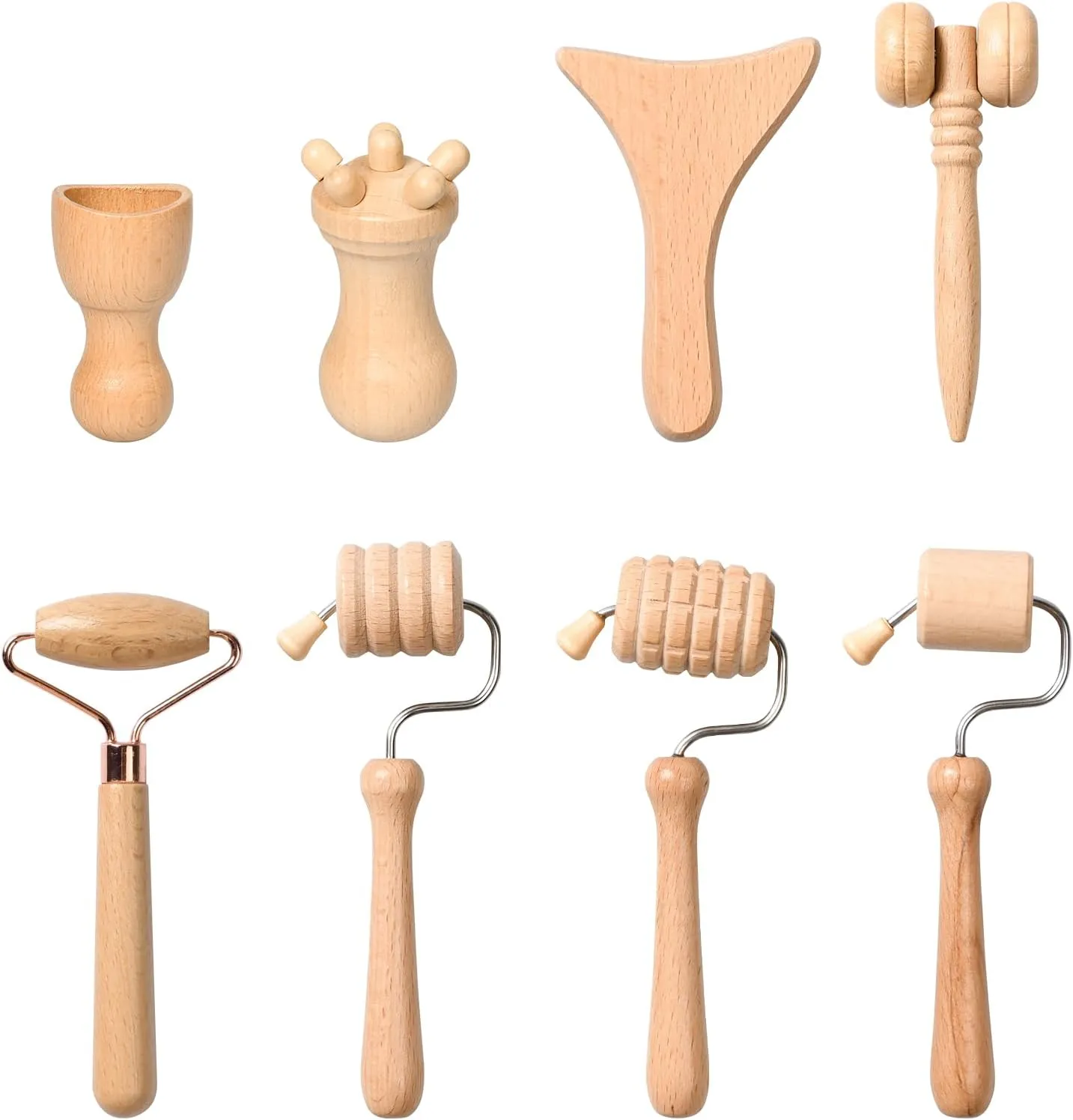 8-in-1 Wooden Facial Massage Tool Set,Face Roller Sculpting Tool Skin Care Facial Muscle Relieving,Sculpt Jawline,Roller Tool Maderoterapia Kit for Relieving Fatigue