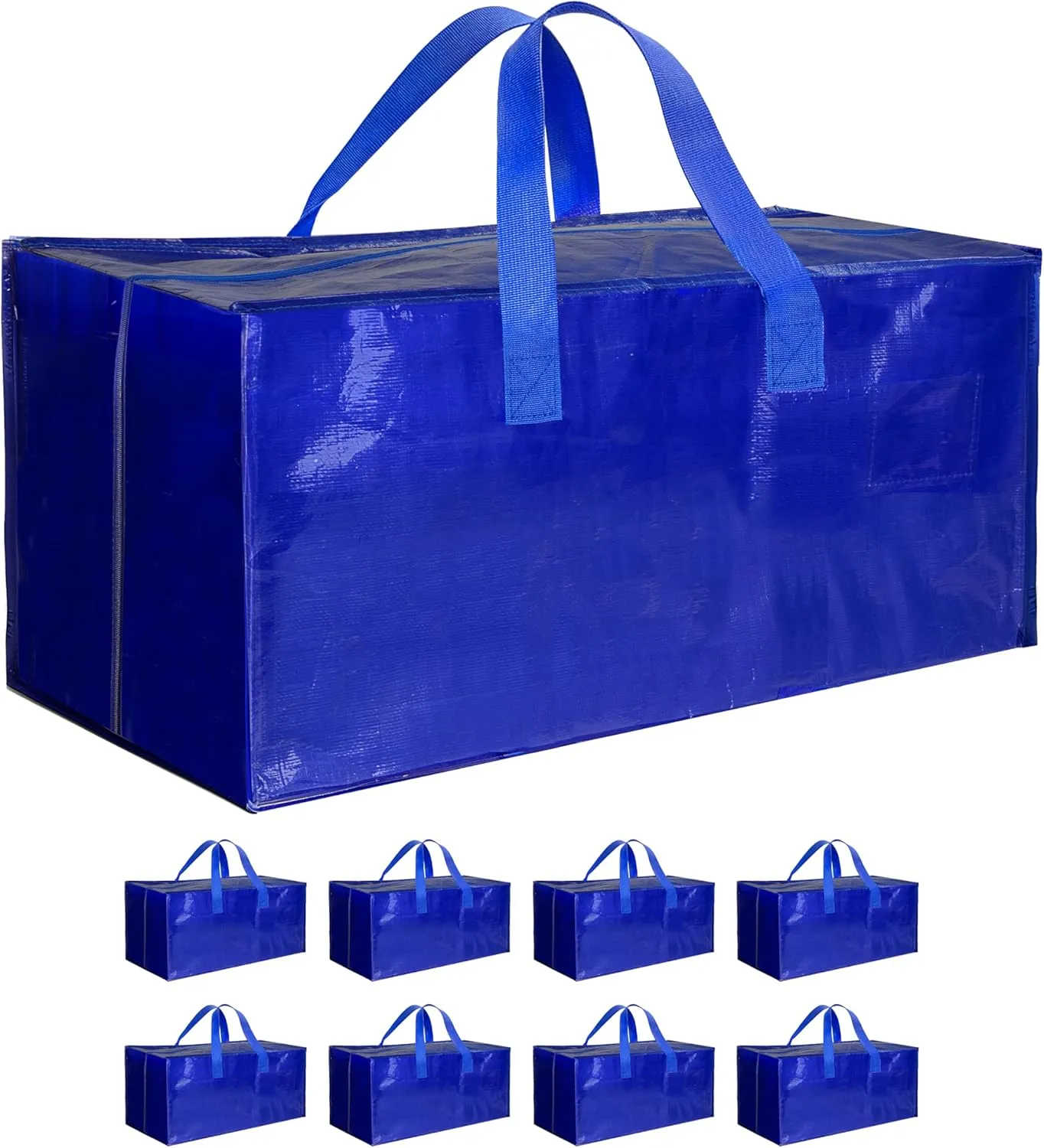 8 Pack Oversized Heavy Duty Moving Bags with Strong Handles & Zippers, Extra Large Storage Tote for Moving and Space Saving, Blue