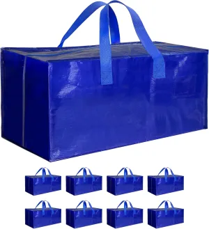 8 Pack Oversized Heavy Duty Moving Bags with Strong Handles & Zippers, Extra Large Storage Tote for Moving and Space Saving, Blue