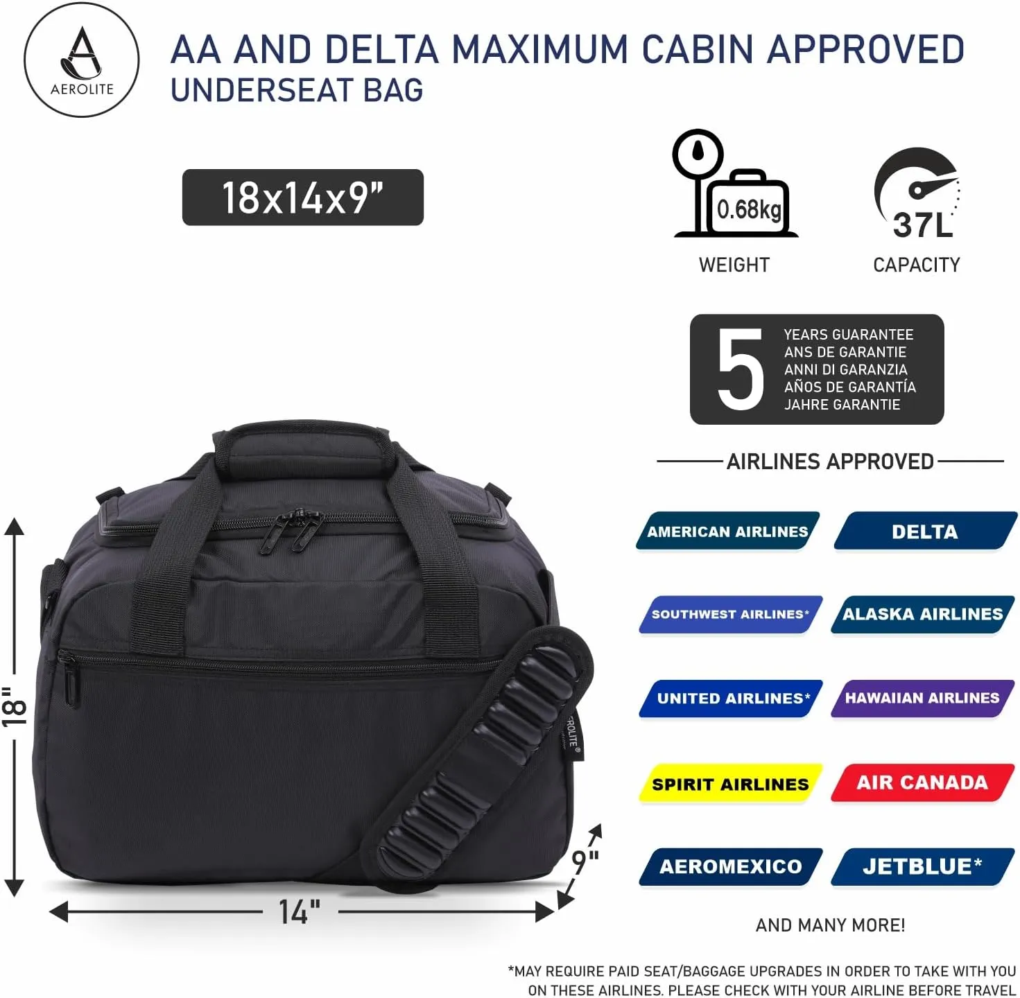Aerolite 18x14x9” AA and Delta Maximum Size Carry On Under Seat Bag with 5 Year Guarantee, Foldable Carry On Premium Persinal Item Holdall Flight Travel Duffel Bag