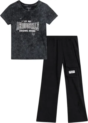 AEROPOSTALE Girls Jogger Set - 2 Piece Short Sleeve Graphic T-Shirt and Soft Fleece Cargo Jogger Sweatpants for Girls (7-16)