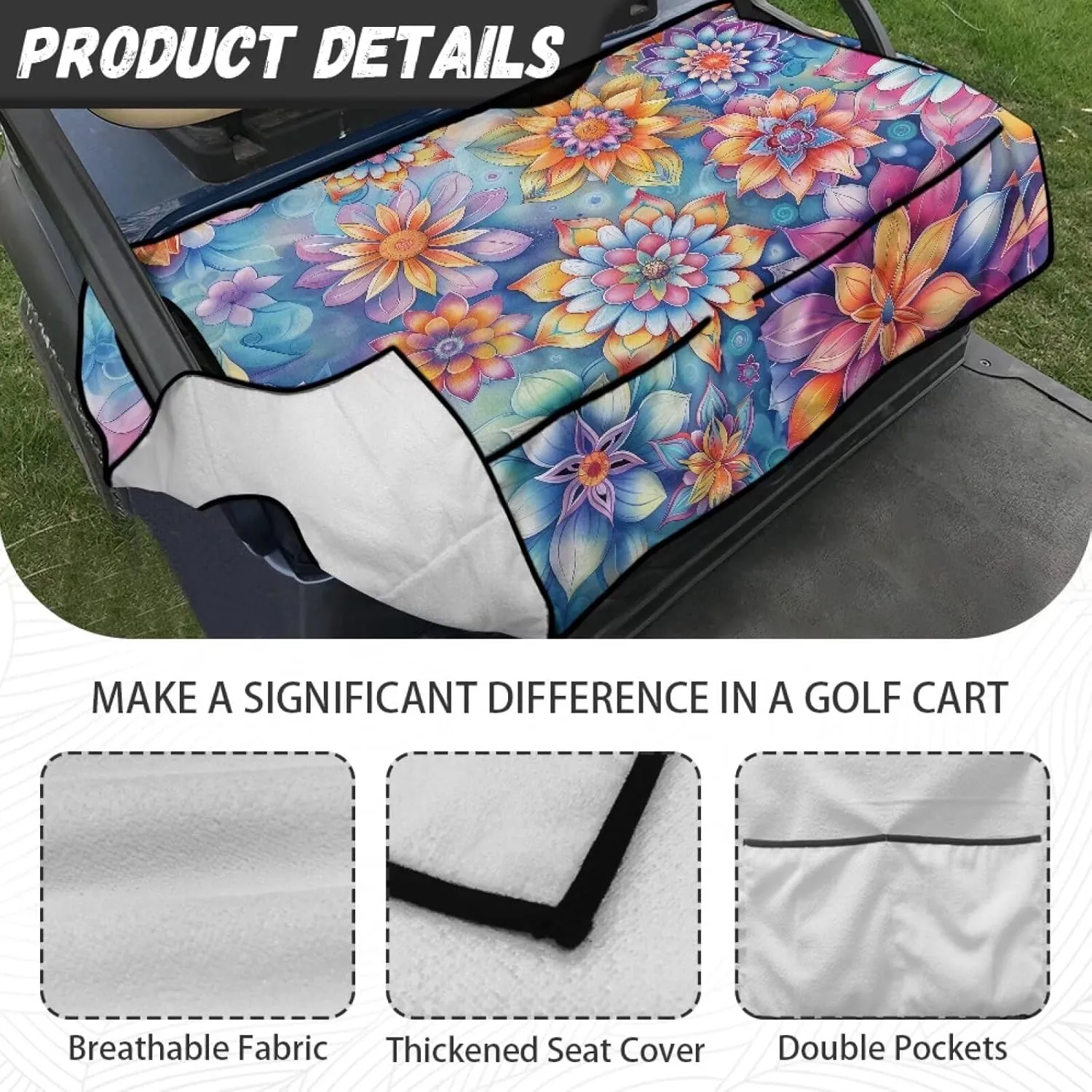 AFPANQZ Golf Cart Seat Cover with Pockets Easy to Install Universal Cushion Cover for Club Car with Armrests