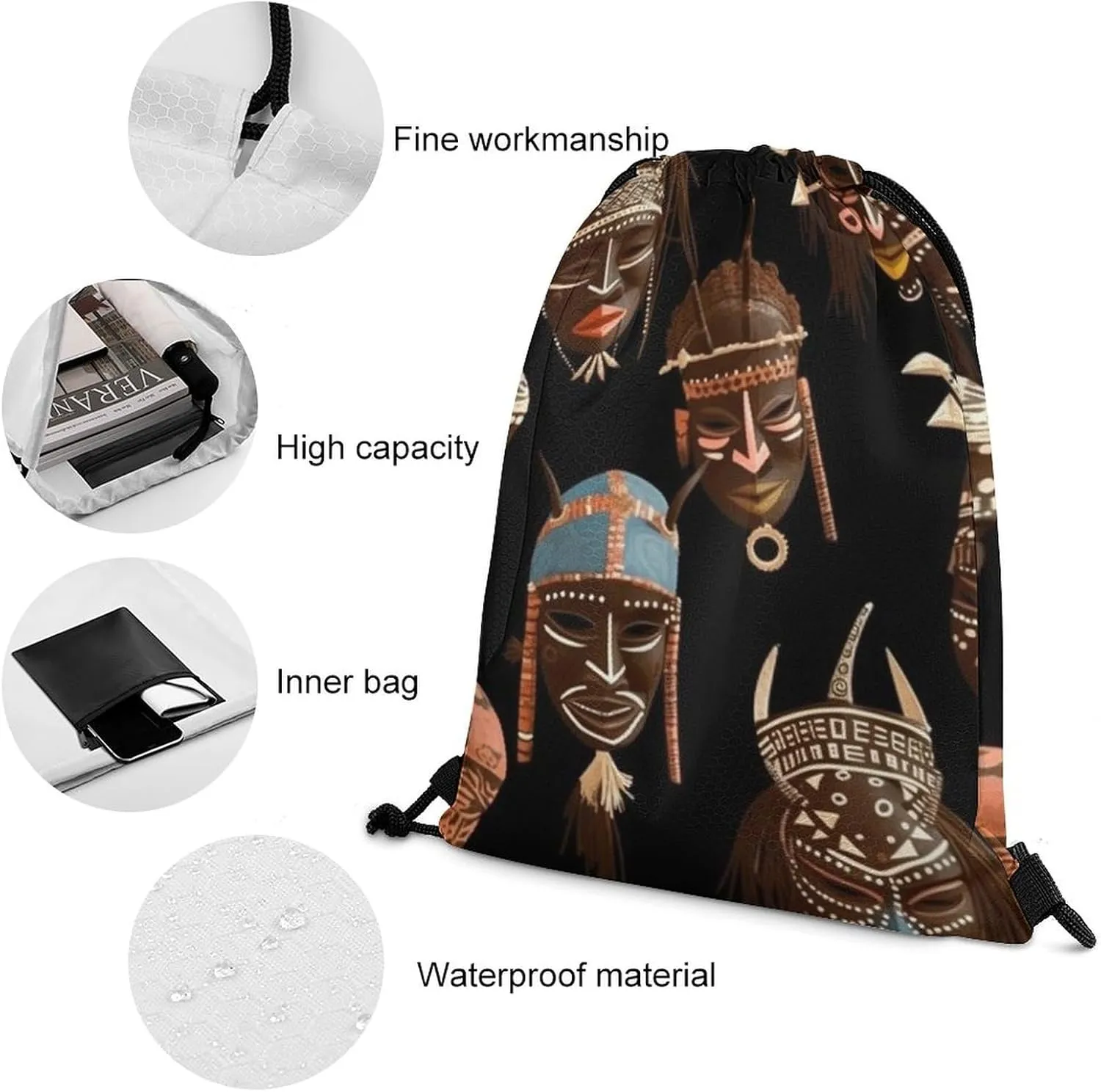 African Ritual Ethnic Tribal Drawstring Backpack Travel Sports Drawstring Bags Portable Storage Gym Bag for Men Women