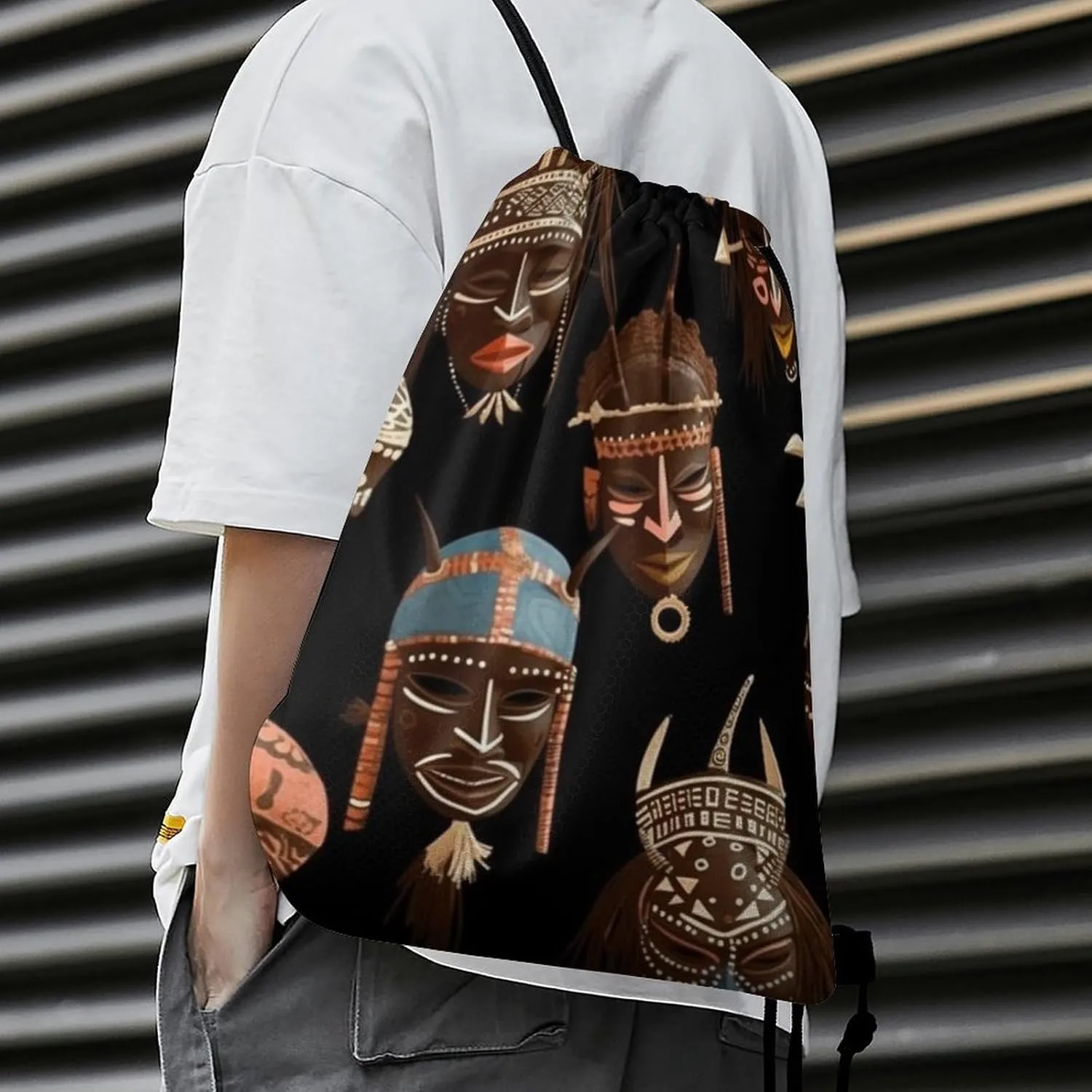 African Ritual Ethnic Tribal Drawstring Backpack Travel Sports Drawstring Bags Portable Storage Gym Bag for Men Women
