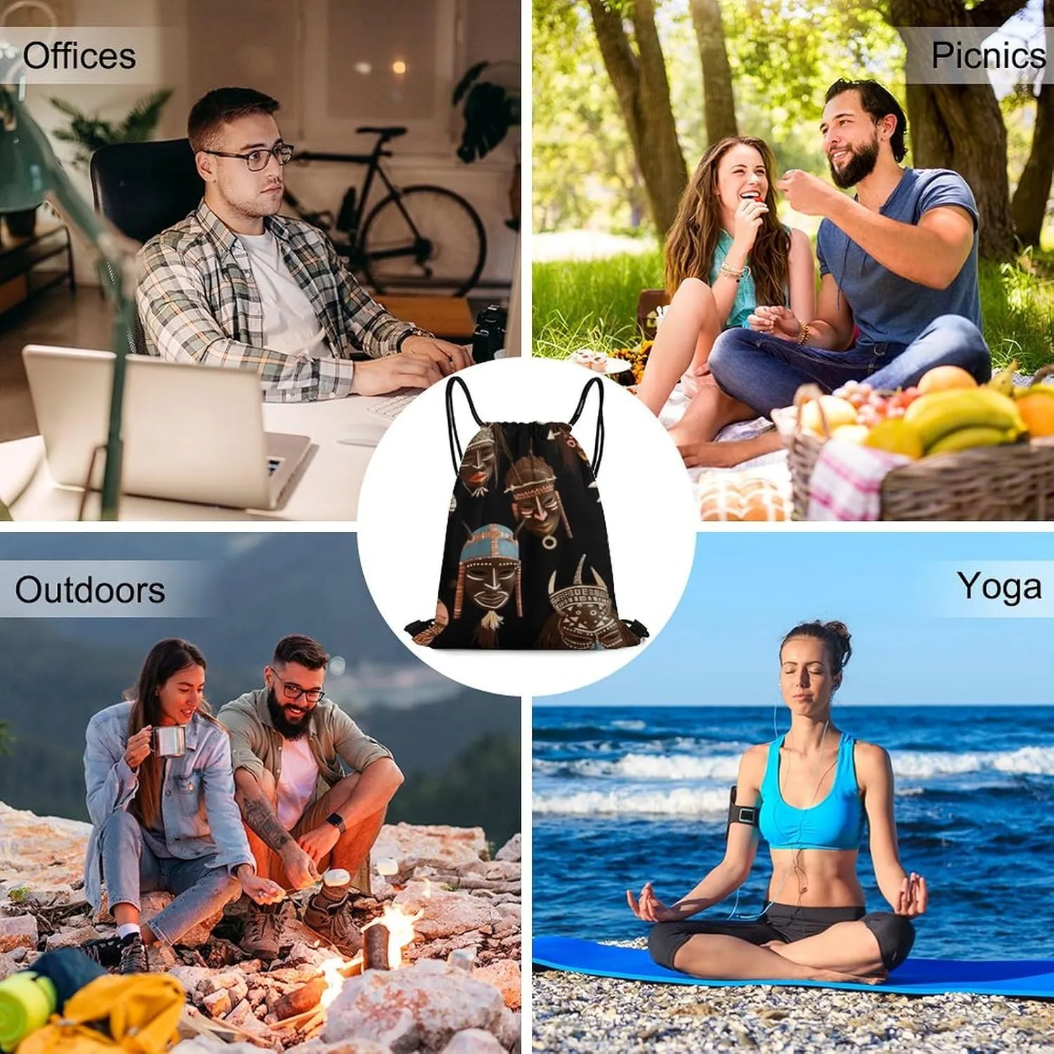 African Ritual Ethnic Tribal Drawstring Backpack Travel Sports Drawstring Bags Portable Storage Gym Bag for Men Women