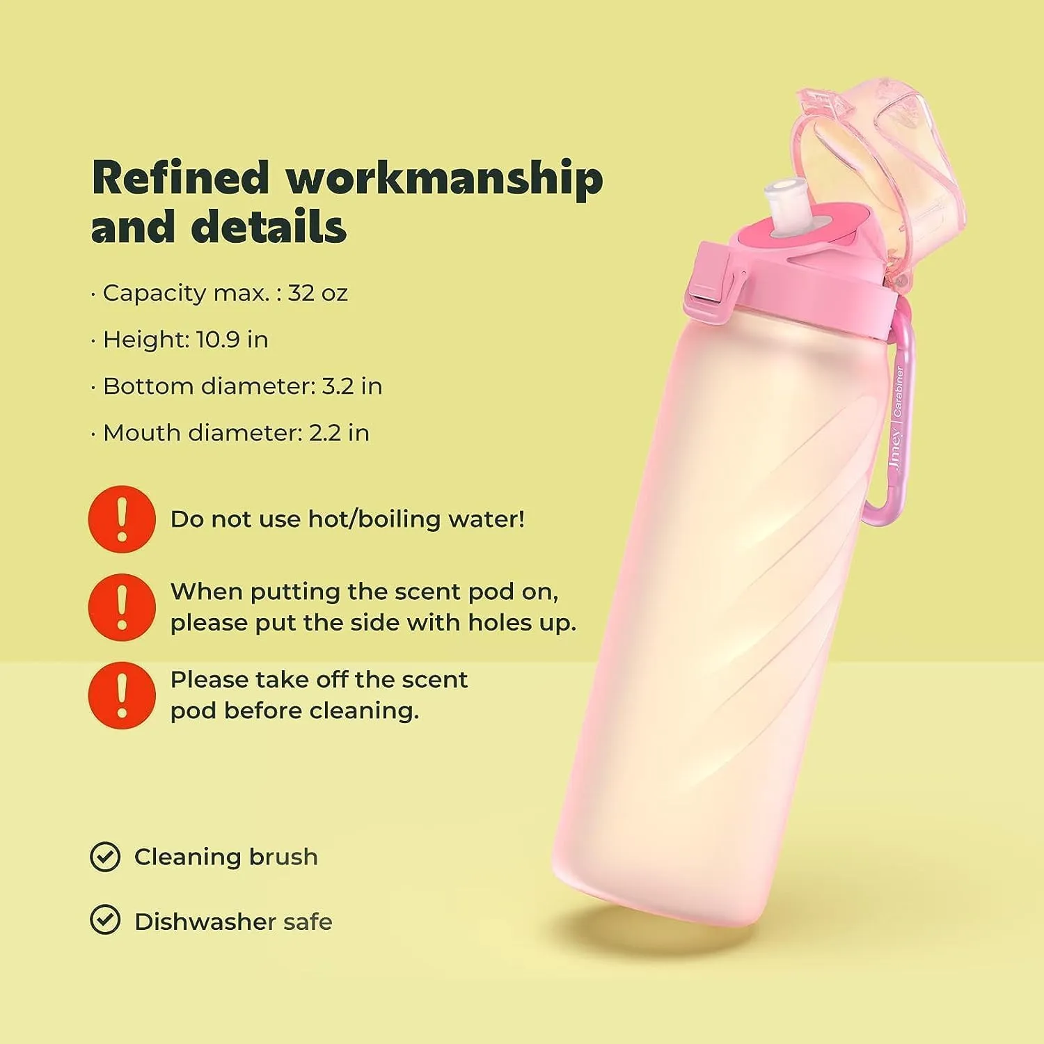 Air Water Up Bottle with Flavour Pod, 32oz Leakproof Sports Water Bottle with Straw, Scent Water Bottle Flip Top Durable BPA-Free Tritan, Perfect for Office, School, Gym, and Sports-Pink