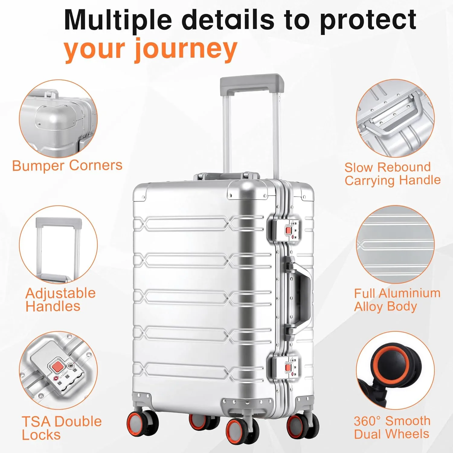 All Aluminum Carry On Luggage 22x14x9 Airline Approved，Zipperless Luggage Premium Aluminum Suitcase Luggage, Hard Shell Carry On Luggage with Spinner Wheels (silver, 20inch)