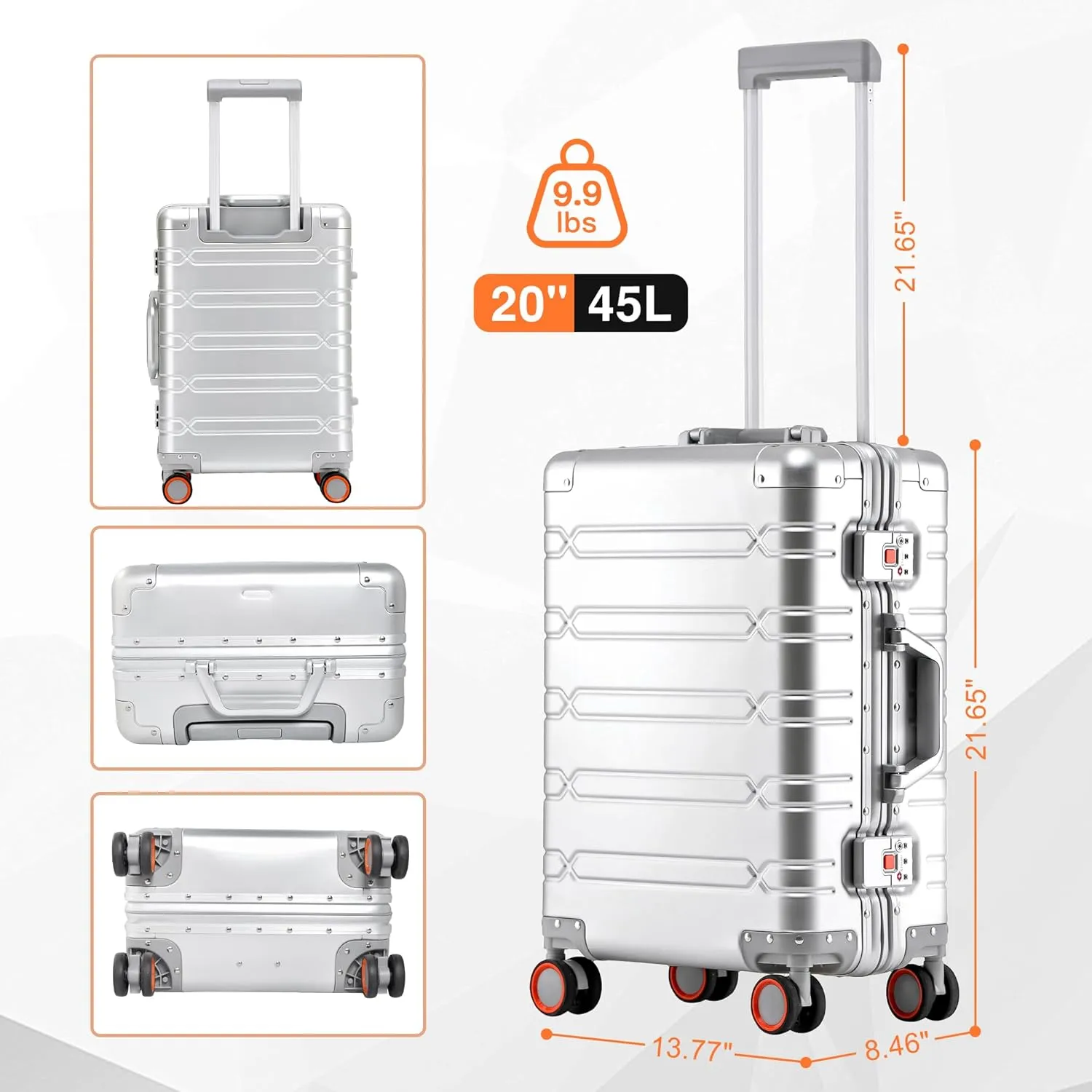 All Aluminum Carry On Luggage 22x14x9 Airline Approved，Zipperless Luggage Premium Aluminum Suitcase Luggage, Hard Shell Carry On Luggage with Spinner Wheels (silver, 20inch)