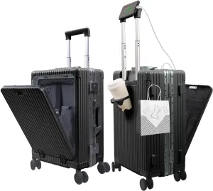 Aluminum Frame Luggage with Cup Holder and Usb Port, Front Compartment, TSA Lock, Airline Approved Hardside Suitcase with Spinner Wheels(Black, 24-lnch)